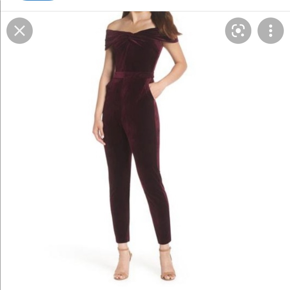 Adelyn Rae Off-Shoulder Velvet Jumpsuit in Wine
